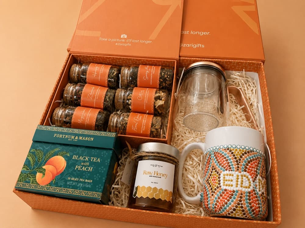 A Zari box of teas and preserves